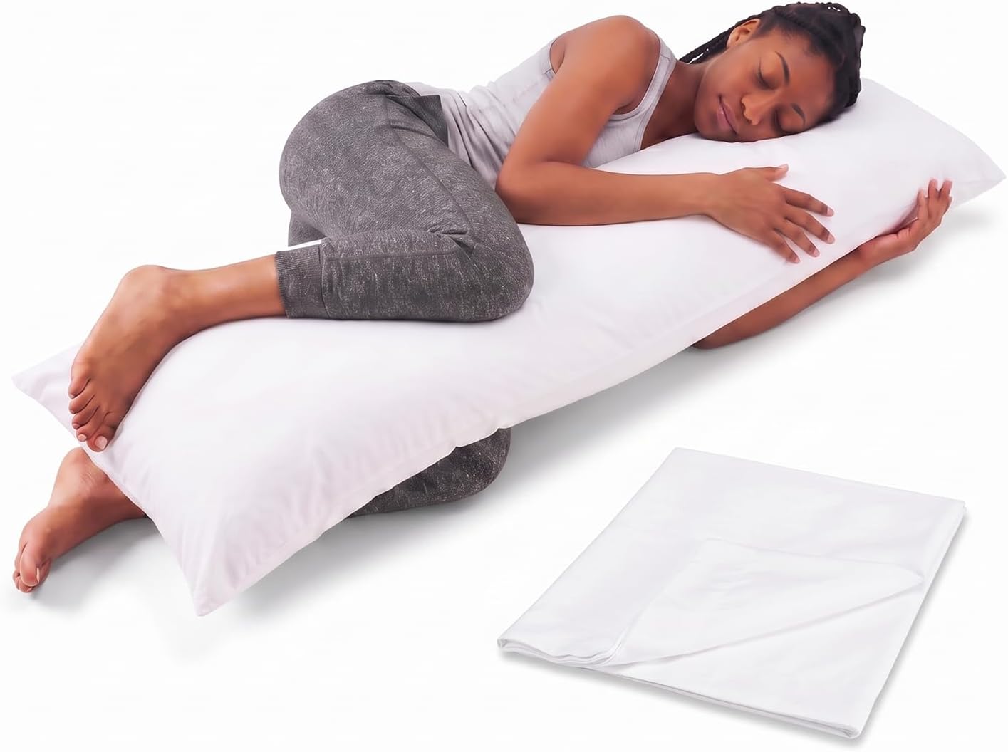 Body Pillow for Side Sleepers for Adults - Full Body Maternity Pillow Support Legs, Belly & HIPS - Shredded Memory Foam & Cooling Pregnancy Pillow Cover - 20x54 White Milky White