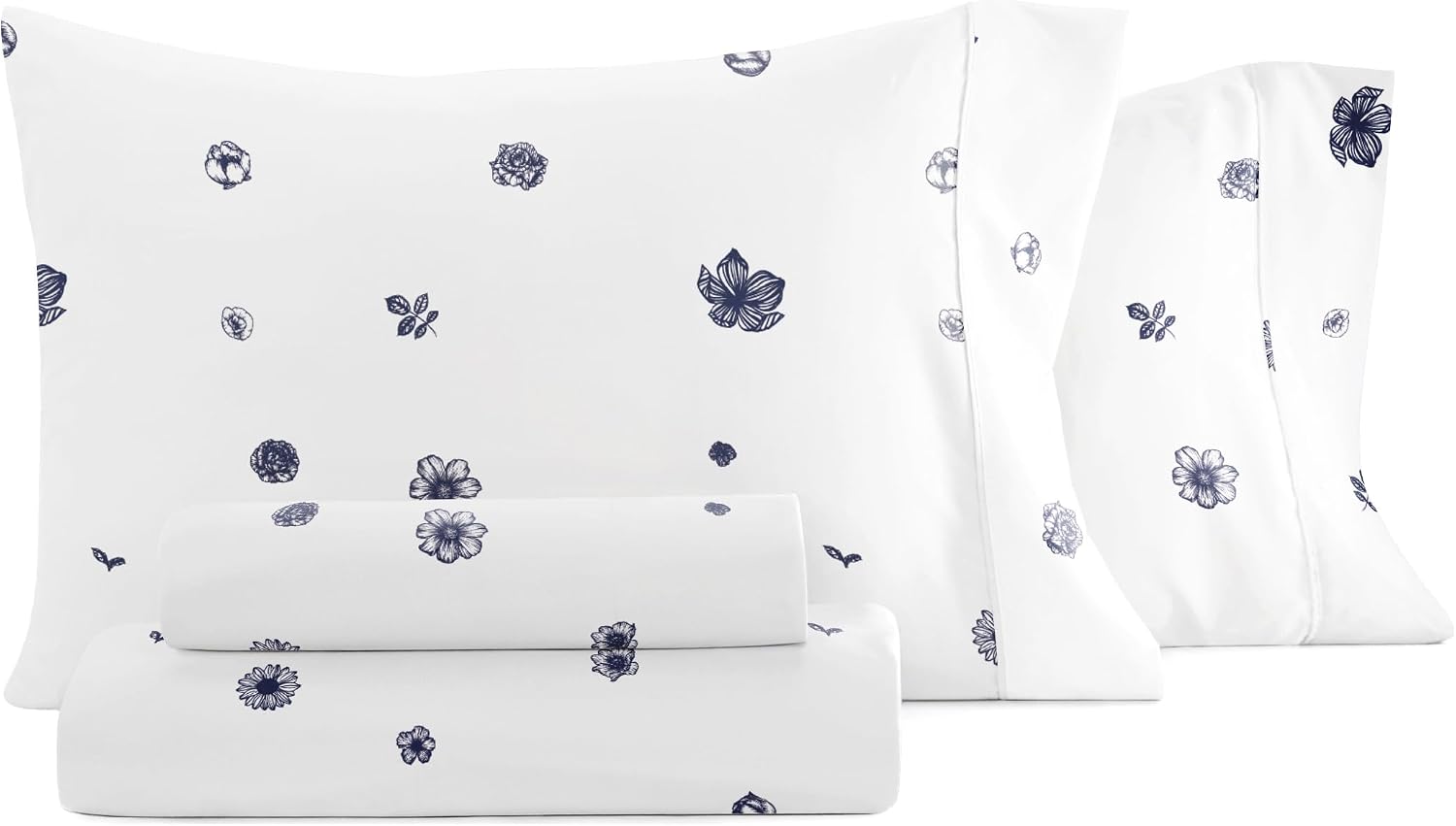 Linen Market Double-Brushed Patterned Microfiber Queen Sheet Set 4 Piece – Oeko-TEX Certified Ultra Soft & Wrinkle-Free - 16" Deep Pocket Sheets - Easy Care Queen Size - Indigo Flowers Navy