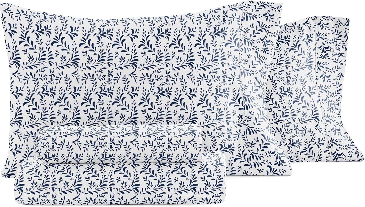 Linen Market Double-Brushed Patterned Microfiber Queen Sheet Set 4 Piece – Oeko-TEX Certified Ultra Soft & Wrinkle-Free - 16" Deep Pocket Sheets - Easy Care Queen Size - Burst of Vines Navy