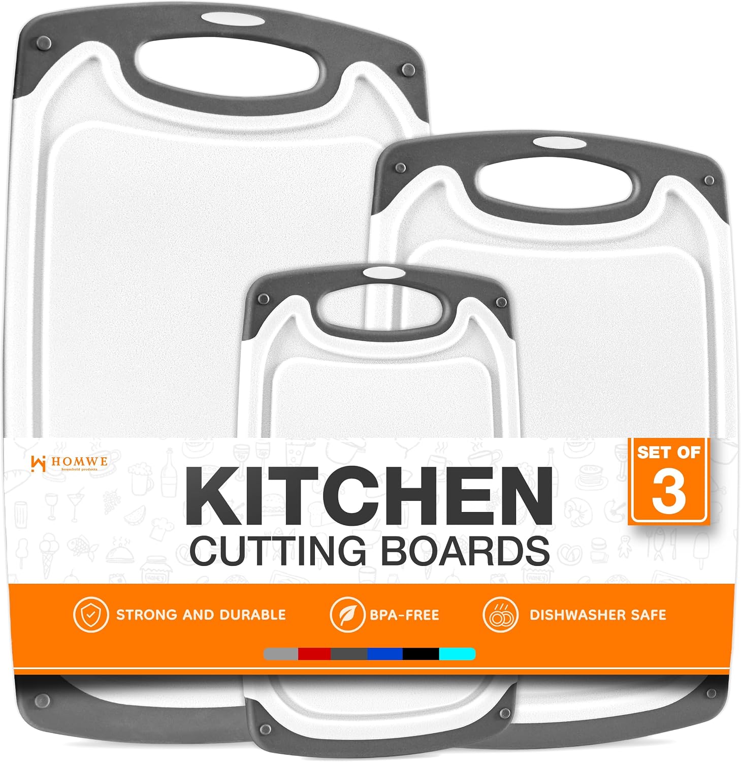 Cutting Boards for Kitchen - BPA-Free Chopping Board - Different Sizes & Non Slip Handles - Reversible, Large Cutting Board Set - Unique Gifts for Cooks Who Have Everything - 3-Pack Gray/Gray Gray on Gray