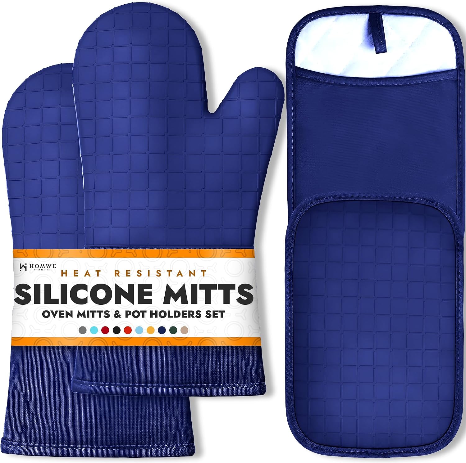 BPA-Free Soft Silicone 4 Piece Oven Mitts & Pot Holders Set - Ultra Heat Resistant Oven Mitts with Thick Cotton Liner - Long Slip Resistant Pot Holders, Flexible Oven Gloves - Navy Navy Blue