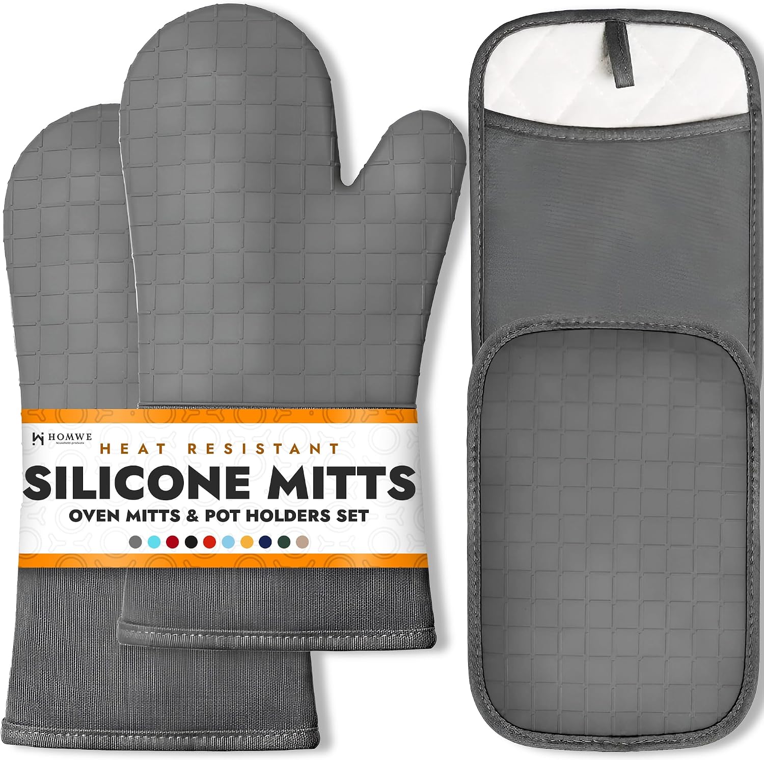 BPA-Free Soft Silicone 4 Piece Oven Mitts & Pot Holders Set - Ultra Heat Resistant Oven Mitts with Thick Cotton Liner - Long Slip Resistant Pot Holders, Flexible Oven Gloves - Gray