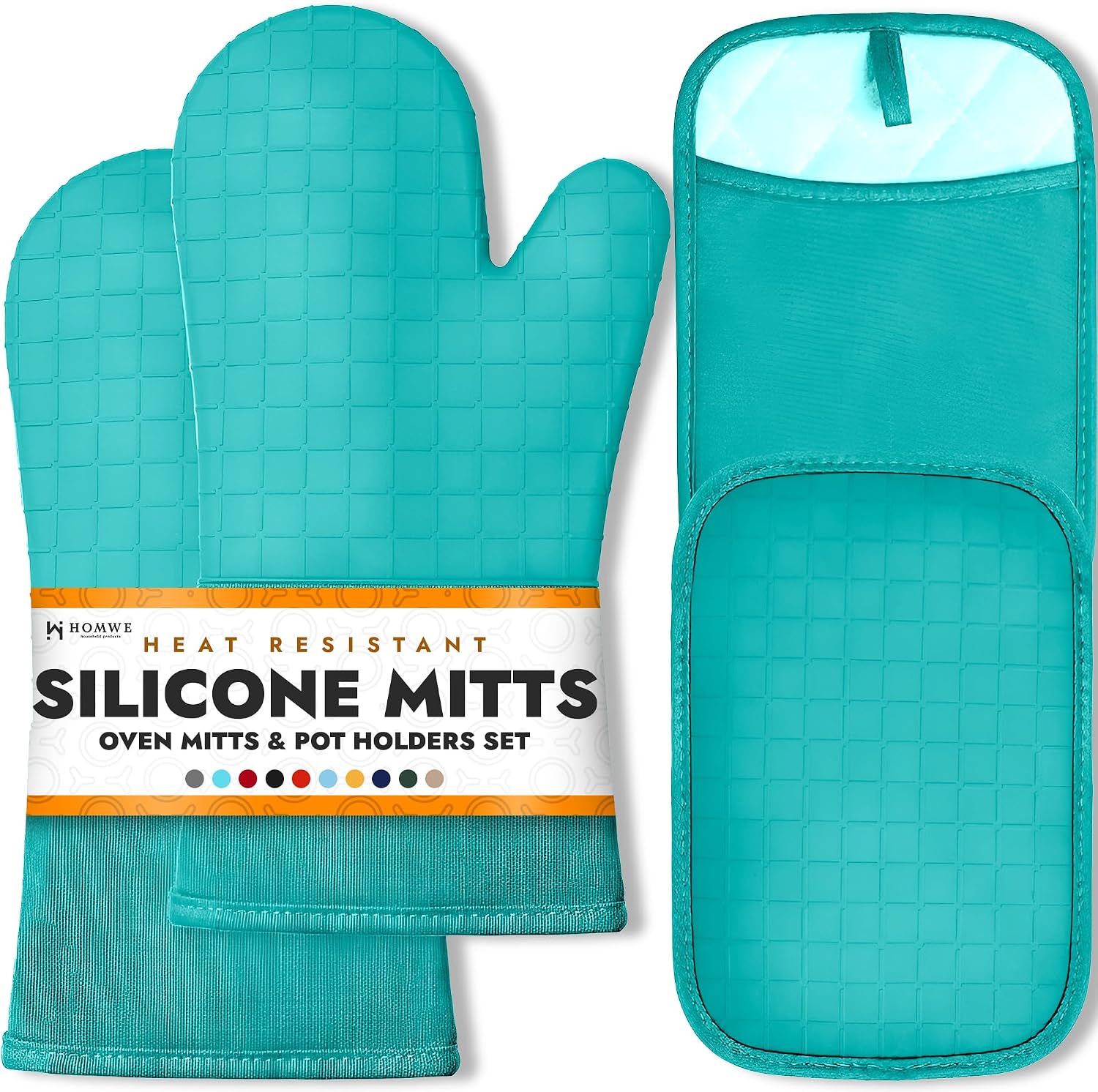 BPA-Free Soft Silicone 4 Piece Oven Mitts & Pot Holders Set - Ultra Heat Resistant Oven Mitts with Thick Cotton Liner - Long Slip Resistant Pot Holders, Flexible Oven Gloves - Aqua Turquoise