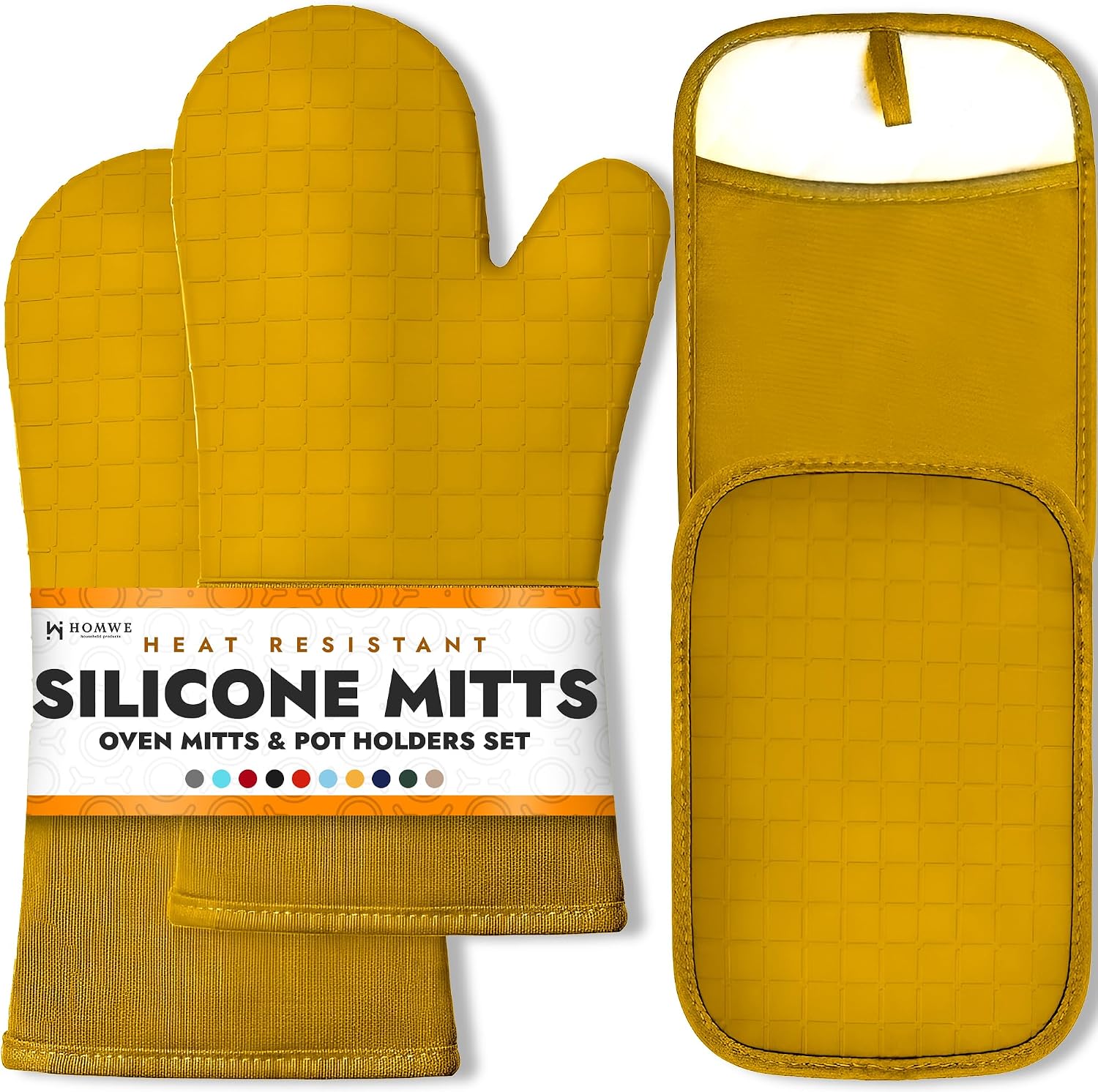 HOMWE Silicone Oven Mitts and Pot Holders for Kitchen & Baking - Set of 4 Heat-Resistant, Heavy-Duty Cooking Mittens w/Non-Slip, Textured Grip Yellow